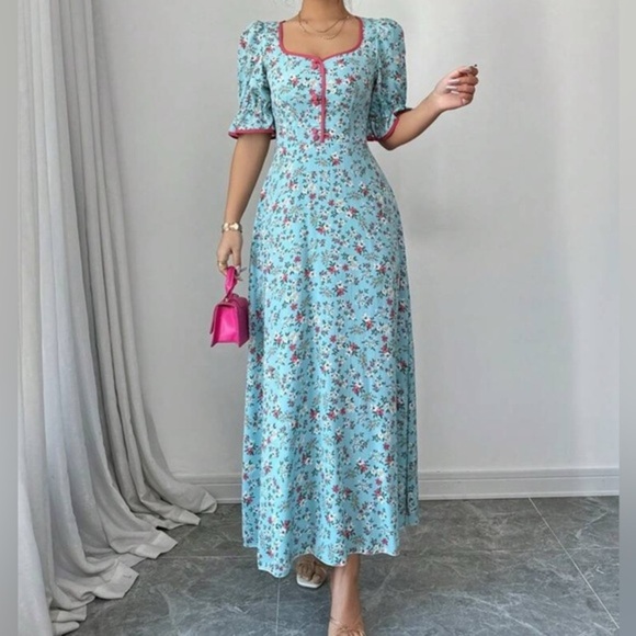 Floral Print Blue Maxi Dress with Button Trim - Picture 1 of 7